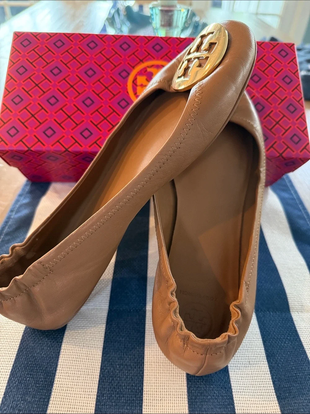 Tory Burch Royal Tan/Gold Leather Ballet Flats with Gold Logo Medallions